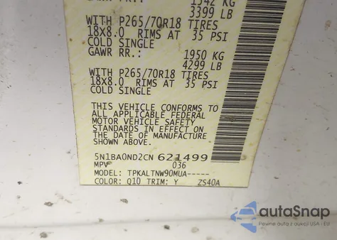 2012 Nissan Armada Sv z USA, uszkodzony, nr VIN 5N1BA0ND2CN621499